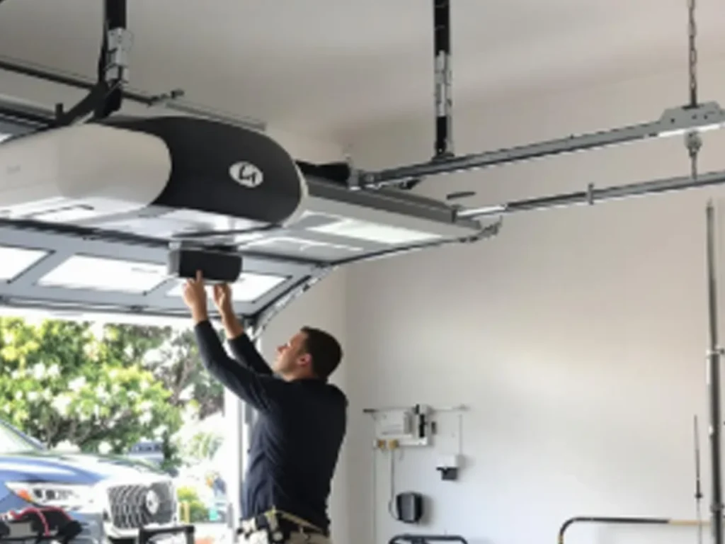 Garage Door Installation Franklin crew aligning new insulated door for smooth closing