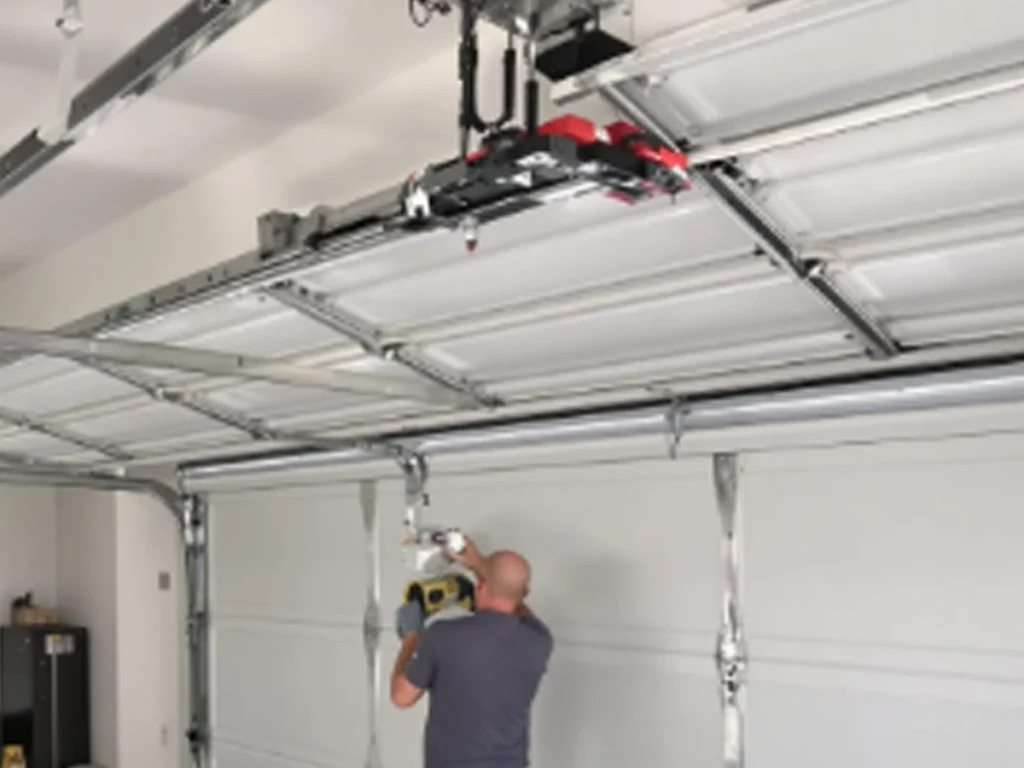 Garage Door Maintenance Franklin technician lubricating rollers and checking balance