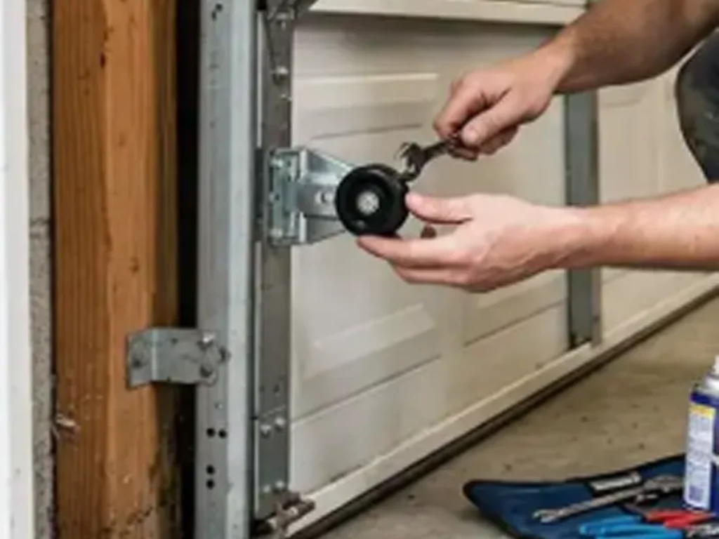 Residential Garage Door Repair Franklin technician inspecting durable garage door access points