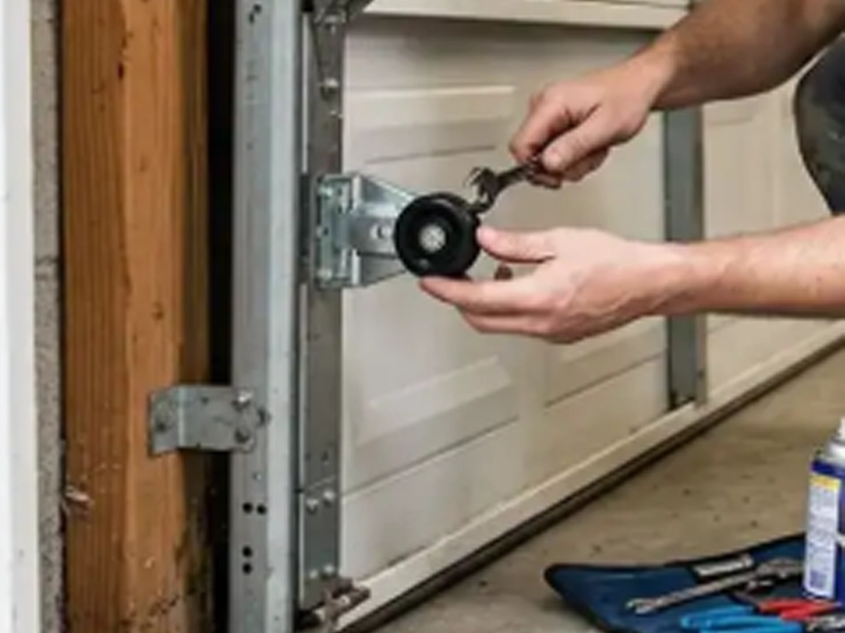 Residential Garage Door Repair Franklin technician inspecting durable garage door access points