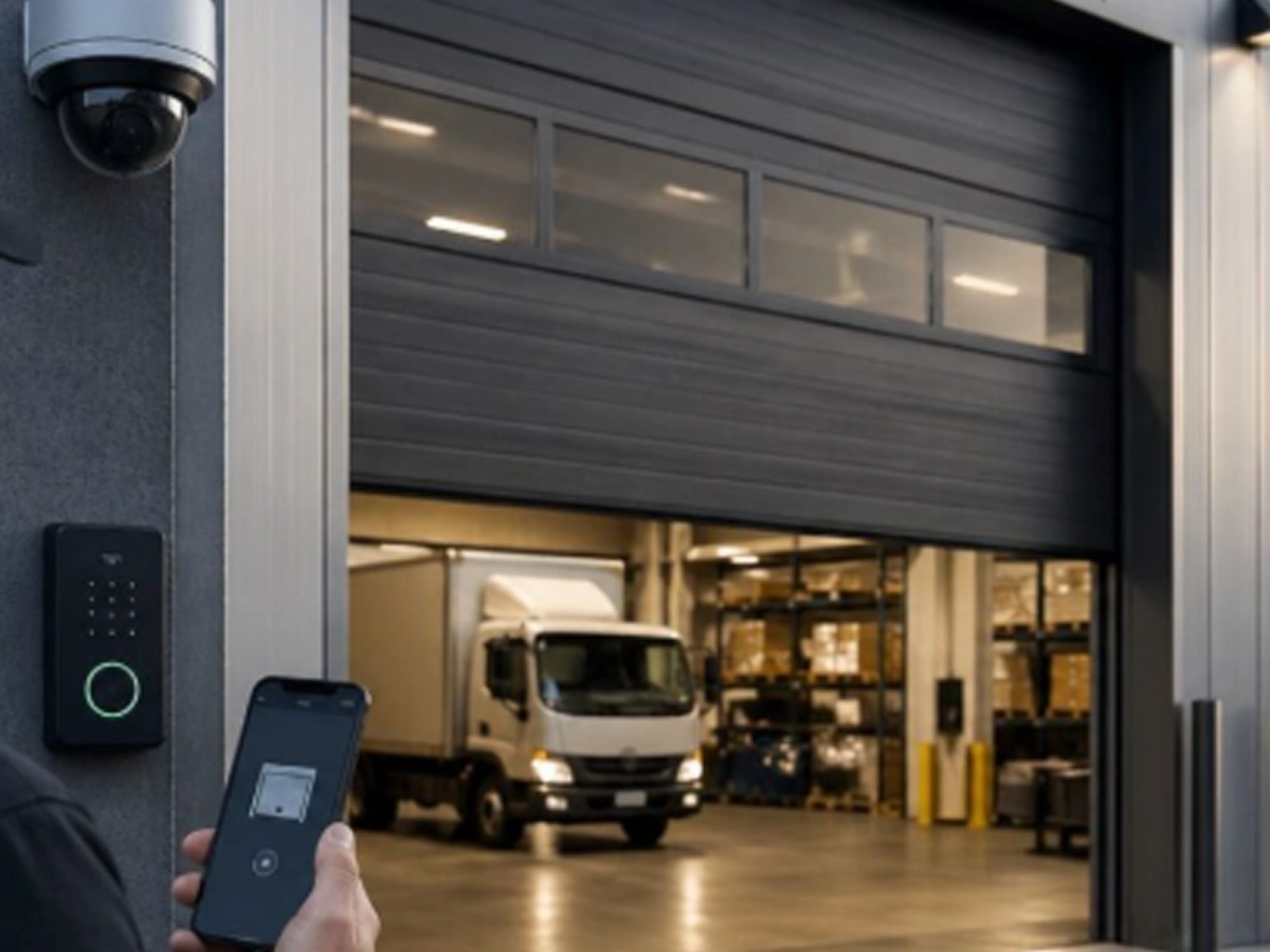Commercial garage door security system with smart access, cameras, alerts, and door sensors in Franklin