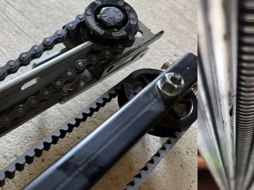 Chain drive vs. belt drive openers shown on two ceiling rail systems inside a clean Franklin Tennessee residential garage.