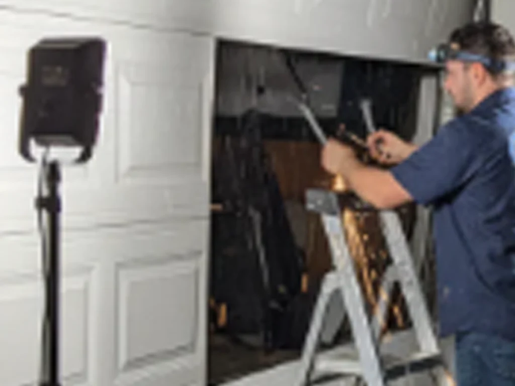 Emergency garage door technician inspecting a garage door that will not open in Franklin TN