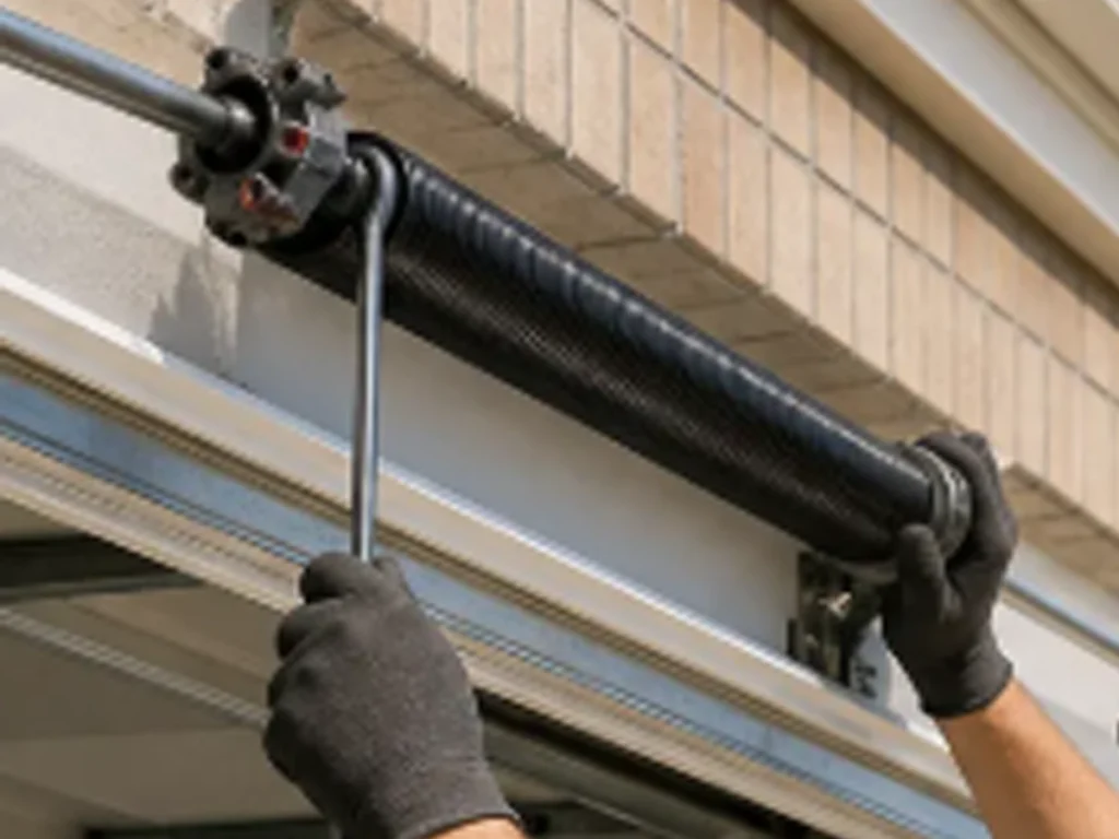 Garage door emergency repairs in Franklin as a technician inspects a broken spring, frayed cable, track, and safety sensors.