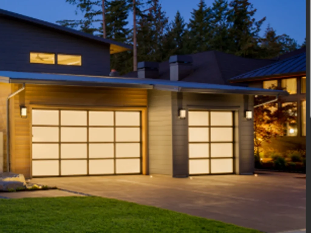 Garage door replacement trends on a modern Franklin home with dark steel panels, slim windows, and smart access