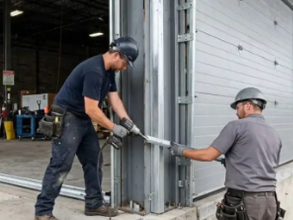 Two construction workers in hard hats assemble a metal door frame outside a warehouse/industrial building that's under construction or renovation while using power tools in the doorway frame area.