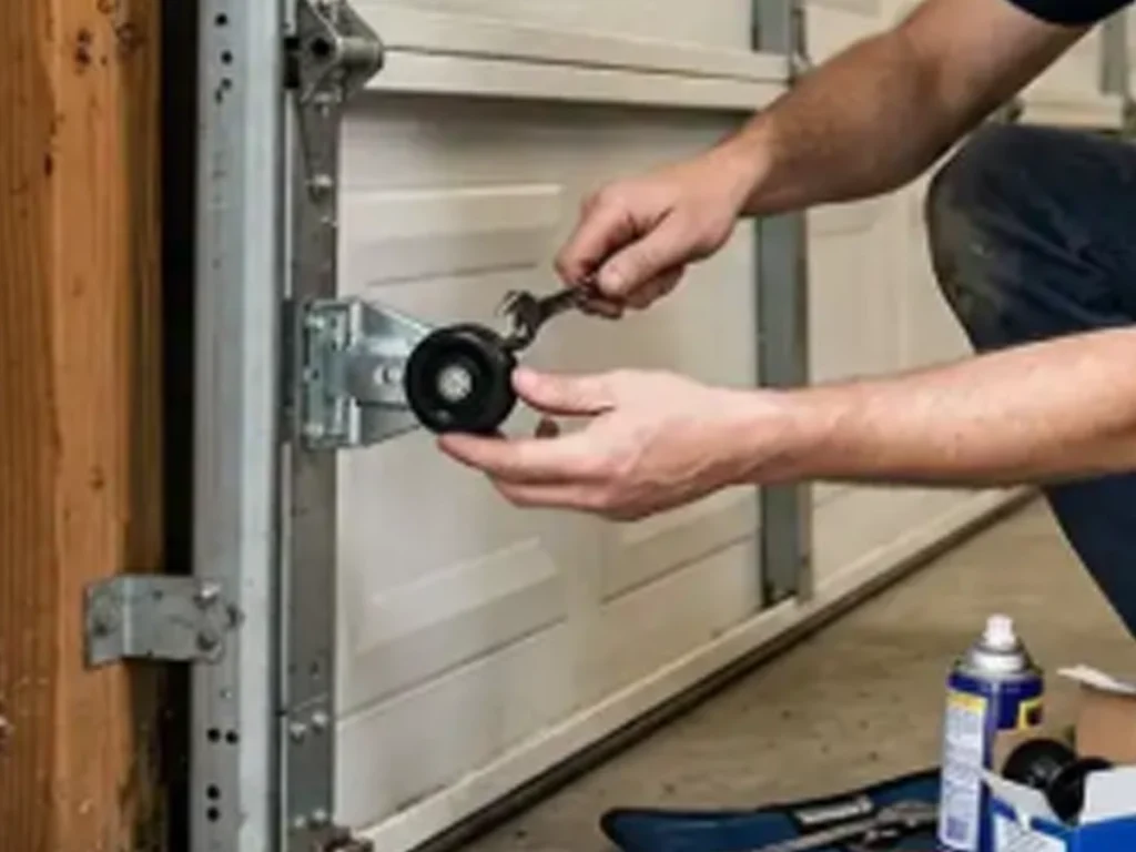 Technician inspecting small garage door problems before major repairs at a Franklin Tennessee home