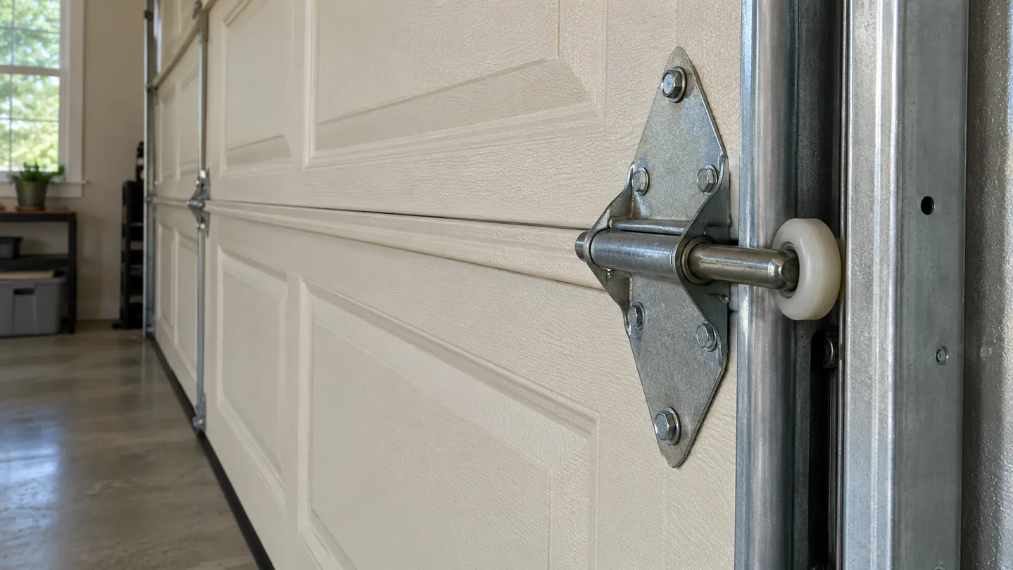 A close detailed view of an intact galvanized door hinge and nylon roller bracket on the inside of a fully closed pale-tan sectional garage door, naturally lit tidy garage