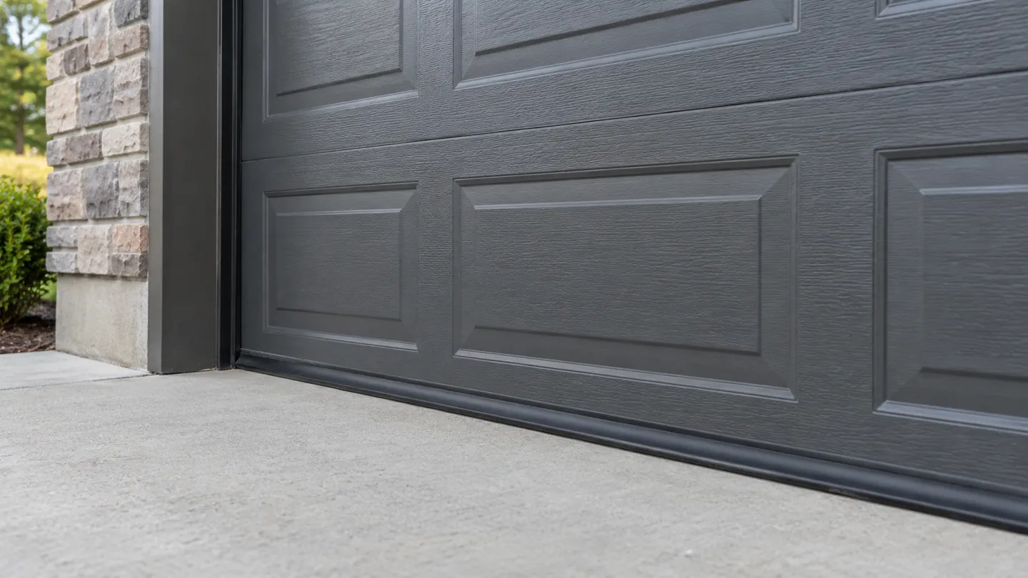 A close editorial view of a bottom weather seal on a fully closed charcoal sectional garage door meeting a clean residential concrete floor, tidy track edge visible