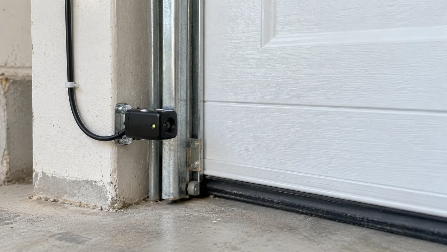 Photo-eye safety sensor bracket beside the bottom track of a fully closed white garage door, neatly secured cable