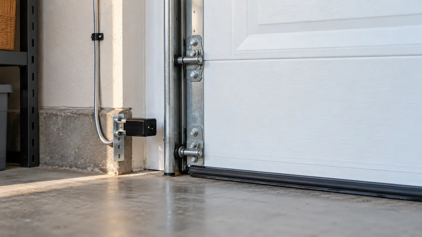 Photo-eye safety sensor bracket beside the bottom track of a fully closed white garage door, neatly secured cable