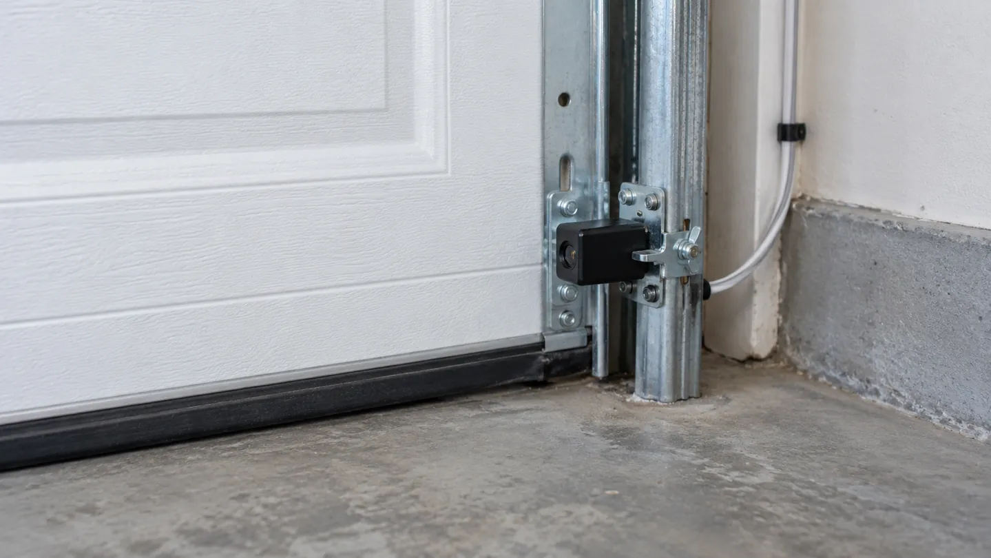 Photo-eye safety sensor bracket beside the bottom track of a fully closed white garage door, neatly secured cable