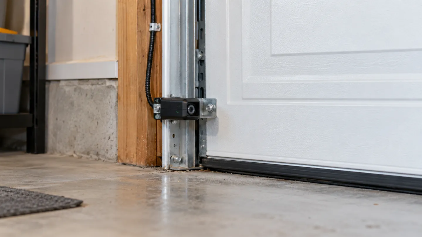 Photo-eye safety sensor bracket beside the bottom track of a fully closed white garage door, neatly secured cable