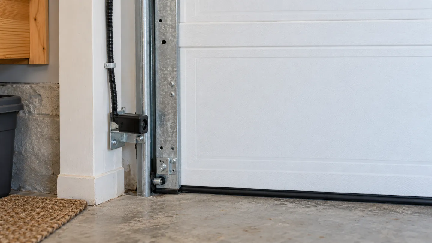 Photo-eye safety sensor bracket beside the bottom track of a fully closed white garage door, neatly secured cable