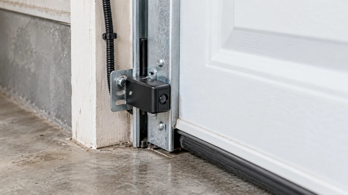 Photo-eye safety sensor bracket beside the bottom track of a fully closed white garage door, neatly secured cable