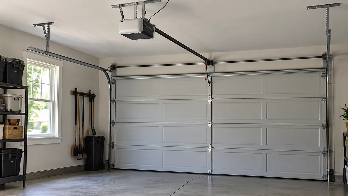 A compact unbranded belt-drive garage-door opener mounted neatly below a white ceiling, its straight rail aligned above a fully closed light-gray insulated sectional door in a tidy residential garage