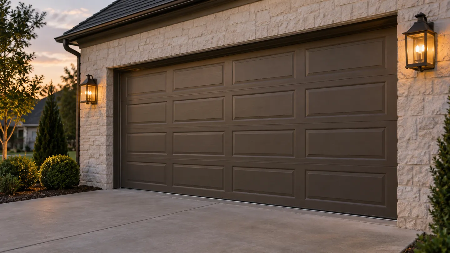 A fully closed bronze sectional garage door on a modest painted-stone home at early-evening dusk, gentle amber exterior lanterns and a clean empty concrete drive