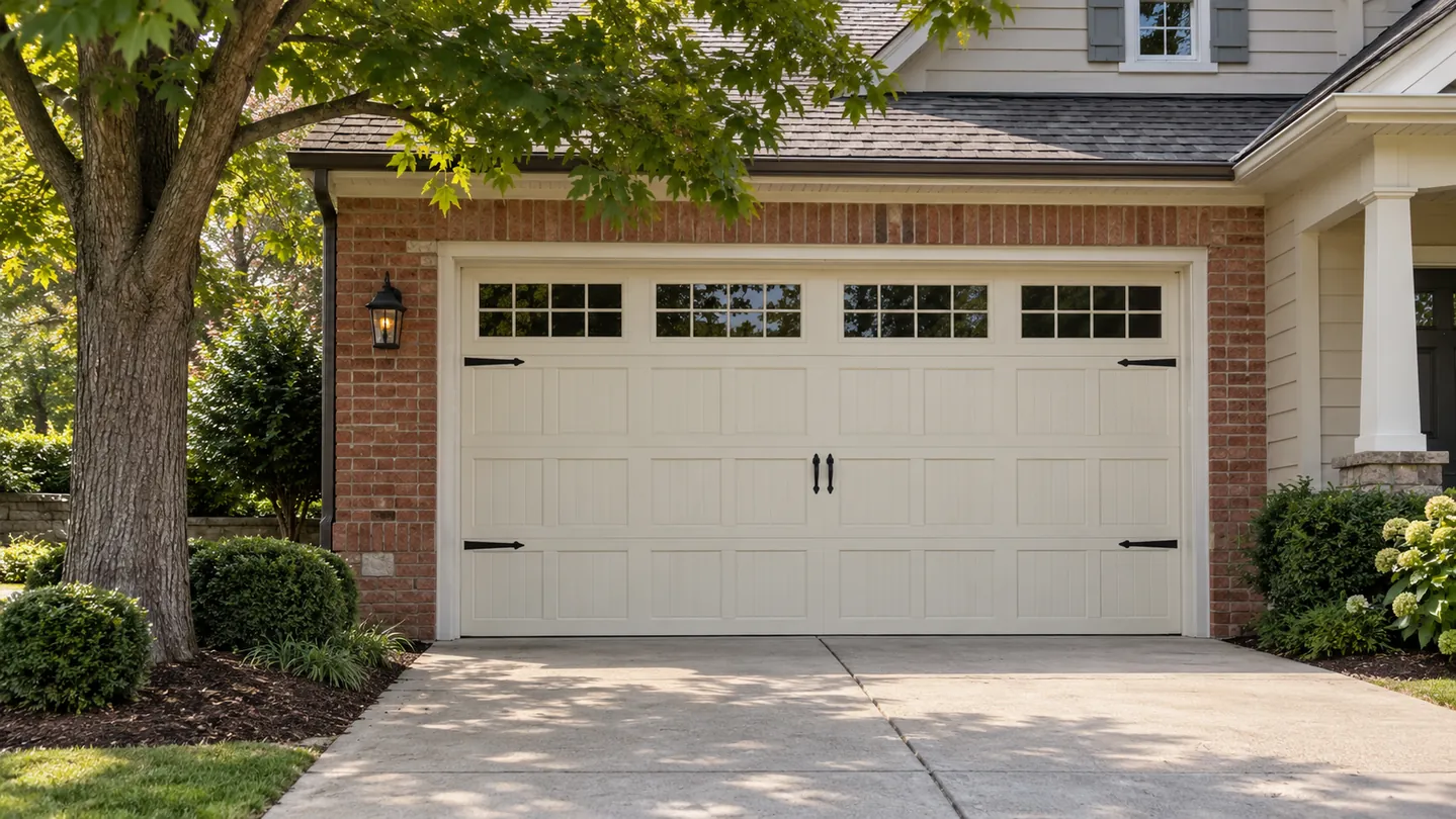 A fully closed cream carriage-style sectional garage door with small upper windows on a modest red-brick and beige-siding Middle Tennessee home, mature maple tree and restrained landscaping