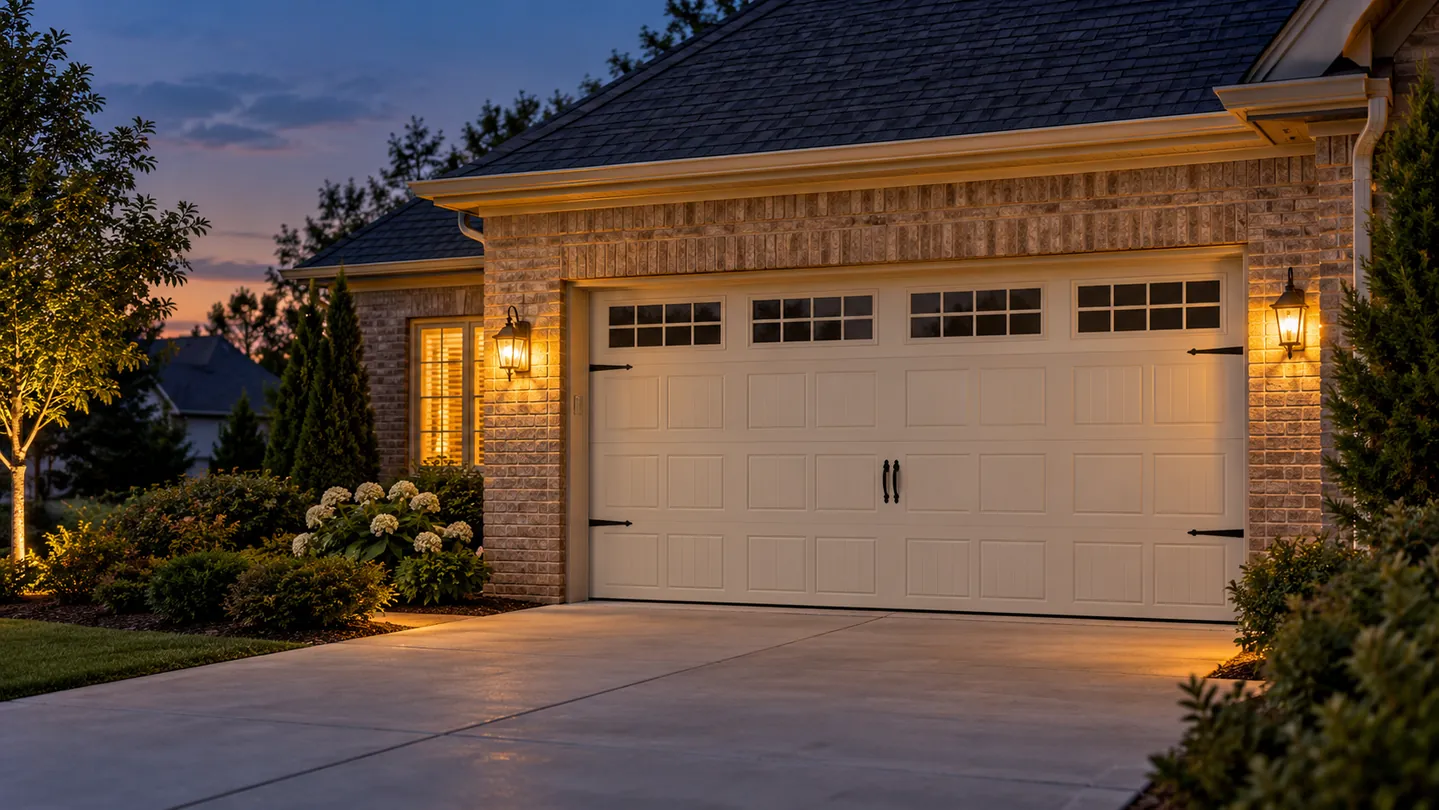 A fully closed cream garage door on a brick home at blue-hour dusk, warm exterior lanterns and a calm secure residential setting