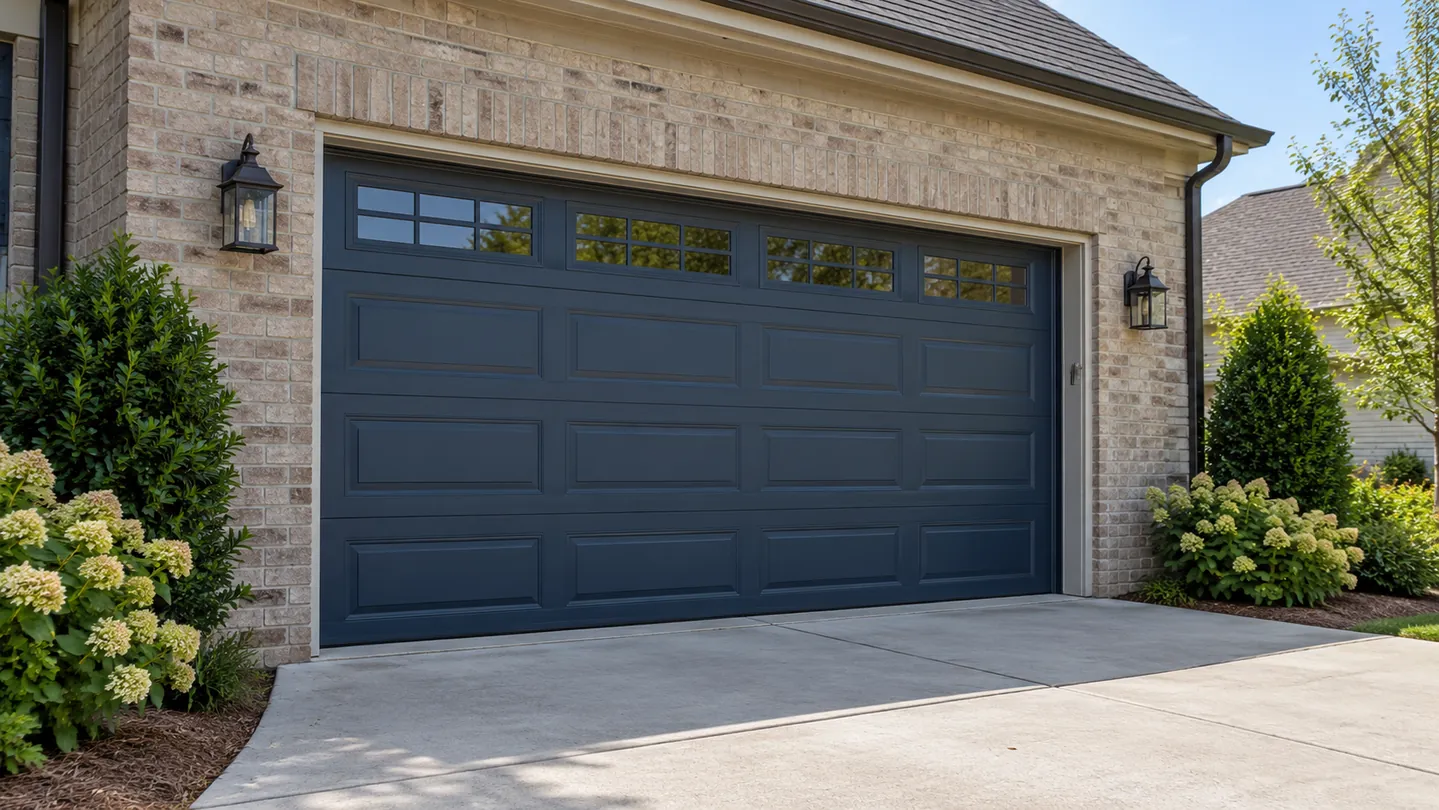 A fully closed dark navy sectional garage door on a modest tan-brick Middle Tennessee house in bright daylight, symmetrical native shrubs and plain concrete driveway