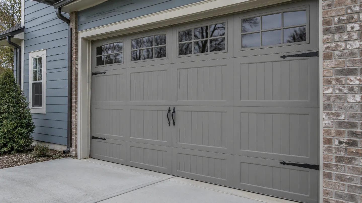 A fully closed warm-gray carriage-style sectional garage door on a modest muted-blue siding house, calm overcast afternoon, a simple brick jamb and uncluttered empty driveway