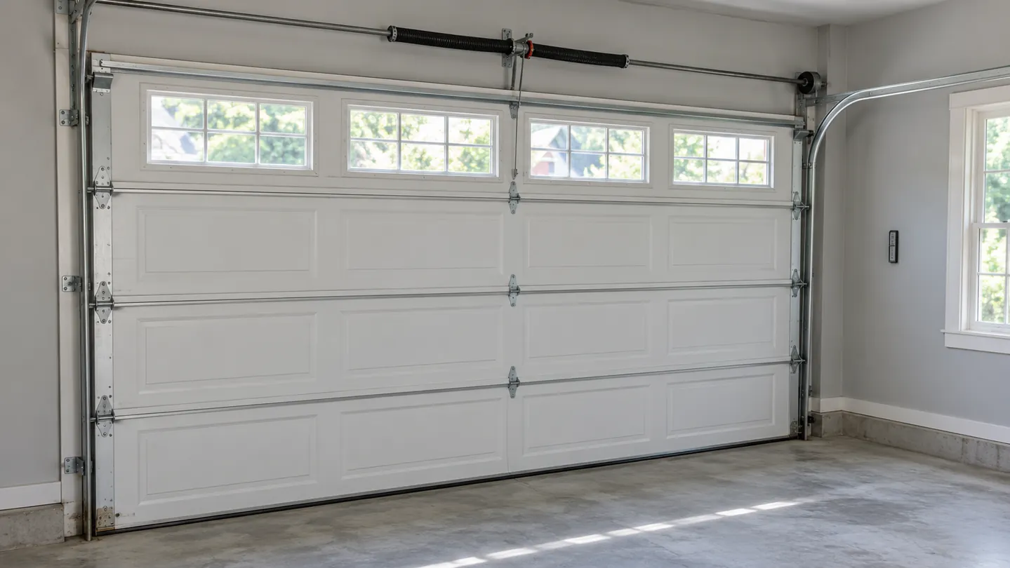 A fully closed white residential sectional garage door viewed from inside a tidy light-gray painted garage, intact torsion shaft above the header and neatly aligned side tracks