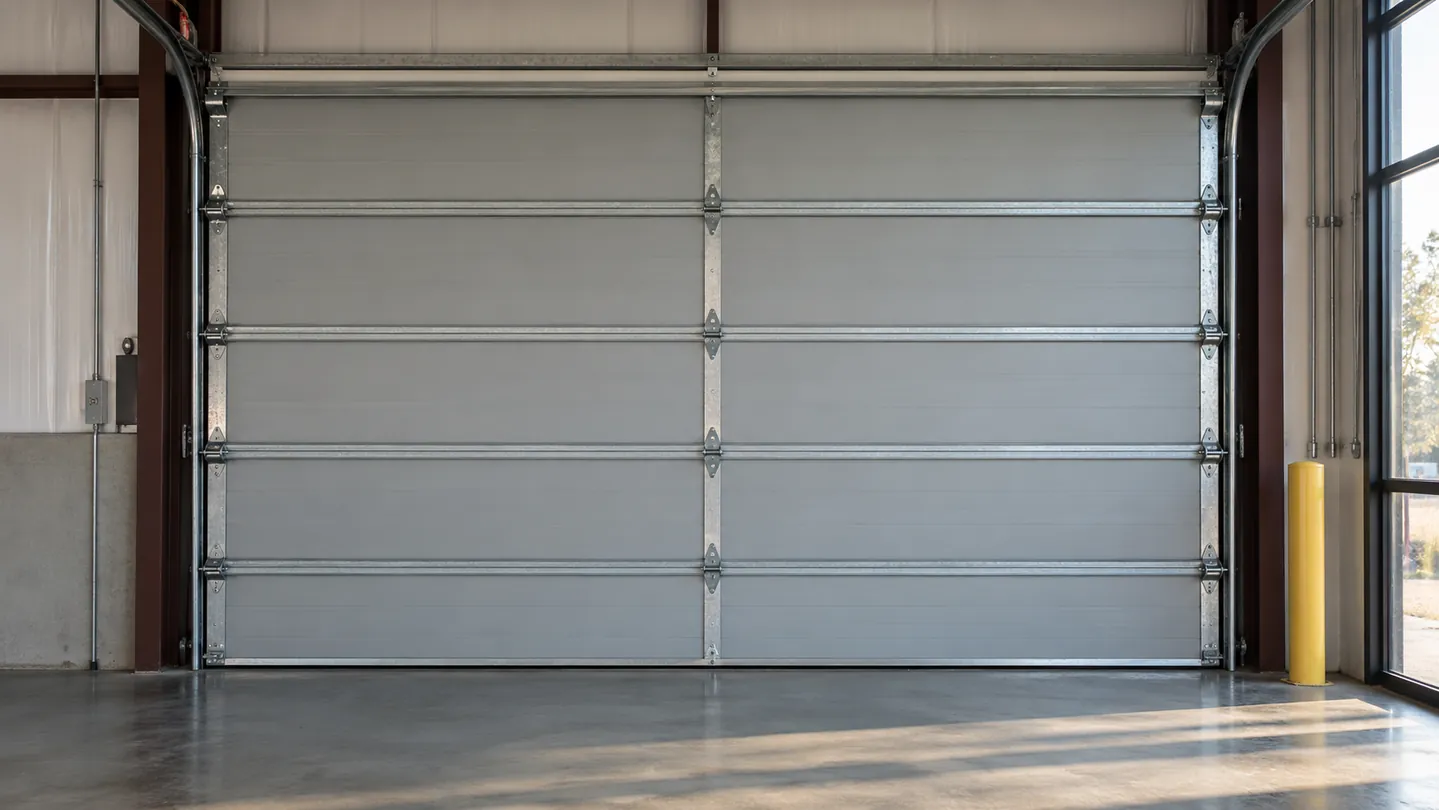 A galvanized commercial sectional overhead door track, intact roller brackets and hinges inside a tidy business garage, fully closed broad gray steel door behind, no residential opener
