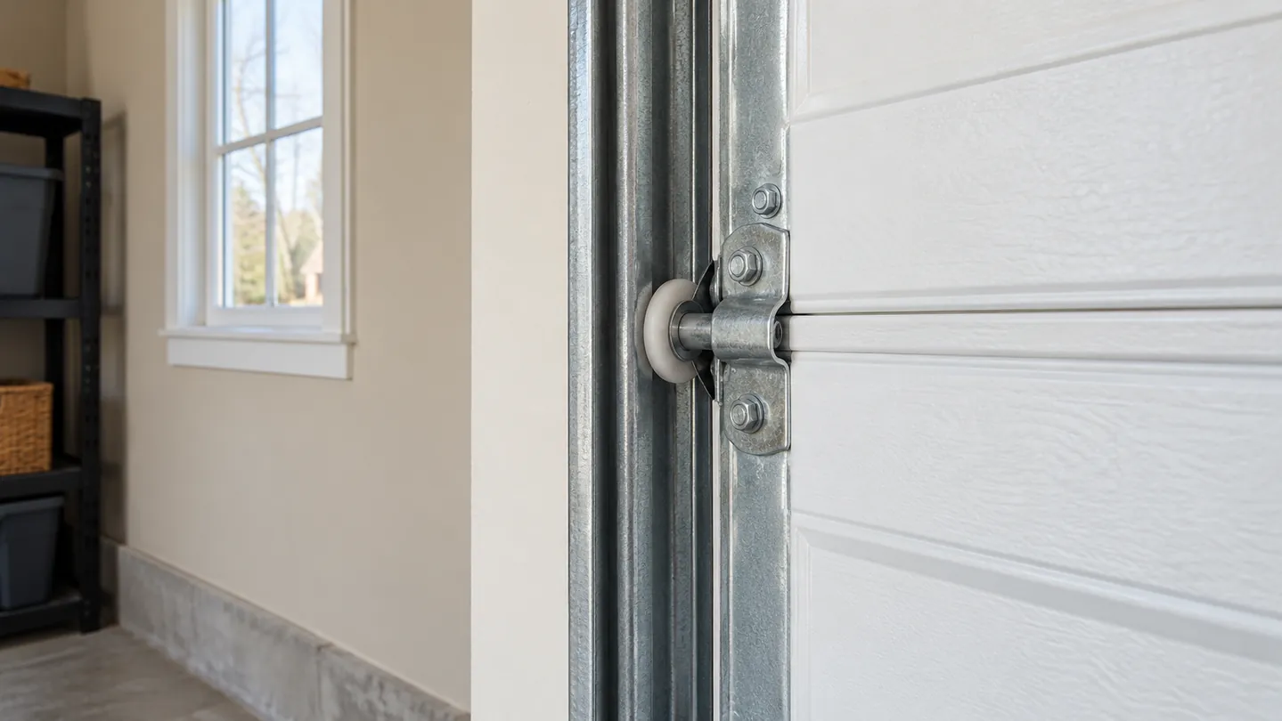 A galvanized vertical garage-door track and intact nylon roller on a fully closed white residential door, close view of sound hardware in a clean beige garage interior