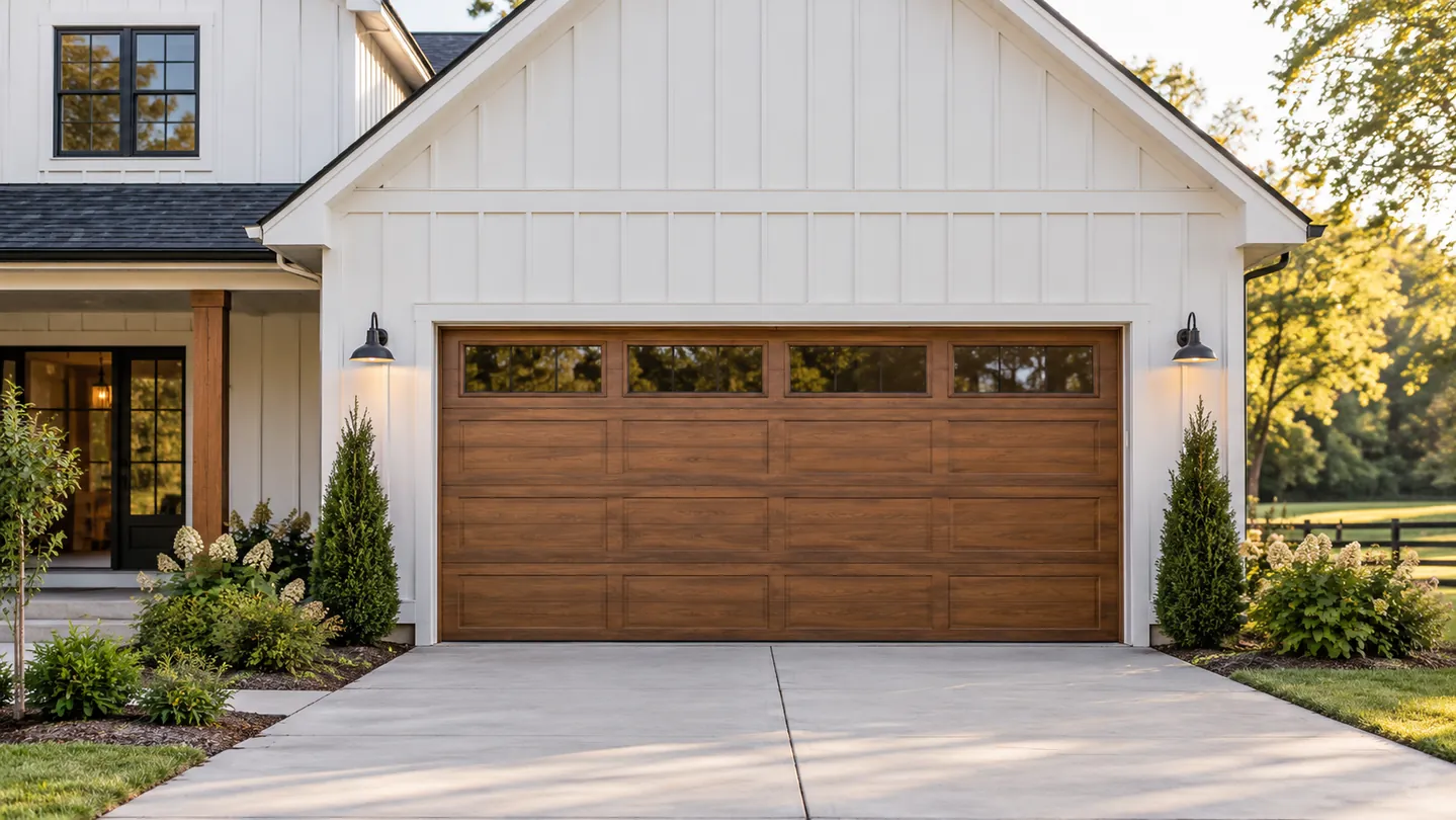 A modest white board-and-batten middle tennessee home with a closed warm wood-tone sectional garage door and native shrubs
