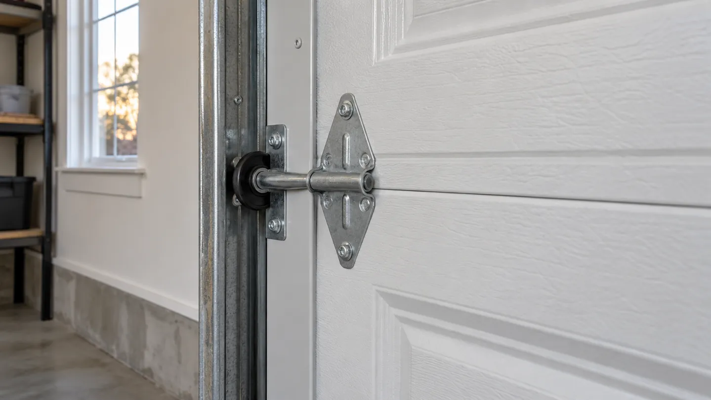 Garage-door hinge and intact roller bracket inside a fully closed white steel sectional door