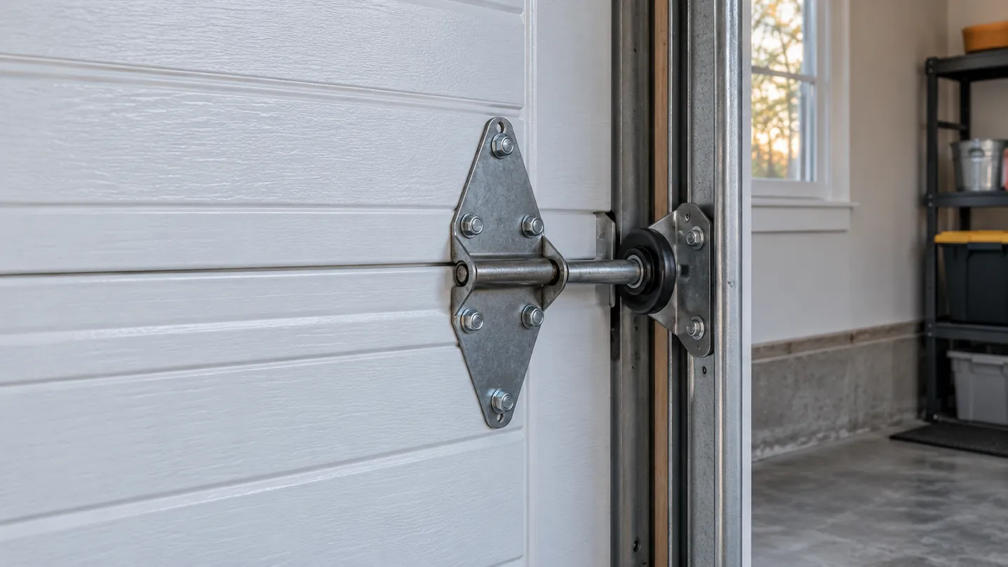 Garage-door hinge and intact roller bracket inside a fully closed white steel sectional door