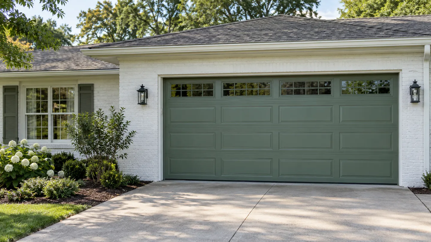 A newly styled fully closed muted green traditional sectional garage door on a modest white-painted brick ranch home in Middle Tennessee, small front planting bed and concrete drive