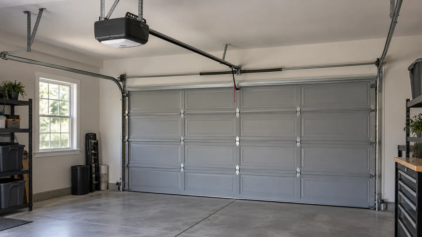 Ceiling-mounted garage-door opener with tidy rail above a fully closed gray sectional door