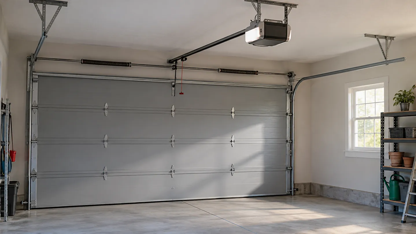 Ceiling-mounted garage-door opener with tidy rail above a fully closed gray sectional door