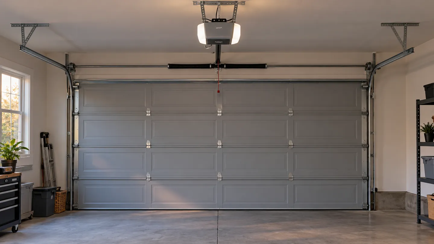 Ceiling-mounted garage-door opener with tidy rail above a fully closed gray sectional door