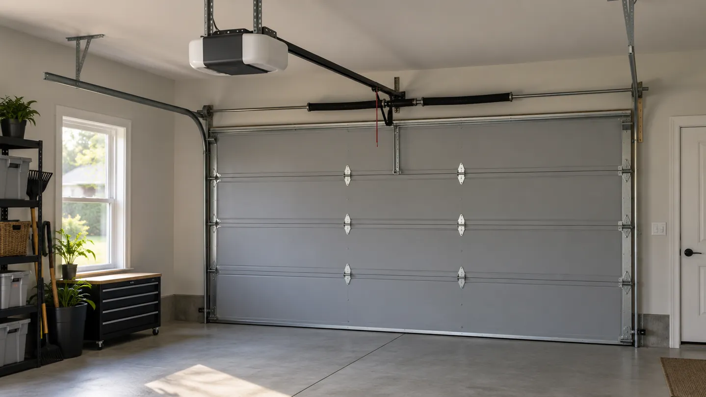 Ceiling-mounted garage-door opener with tidy rail above a fully closed gray sectional door