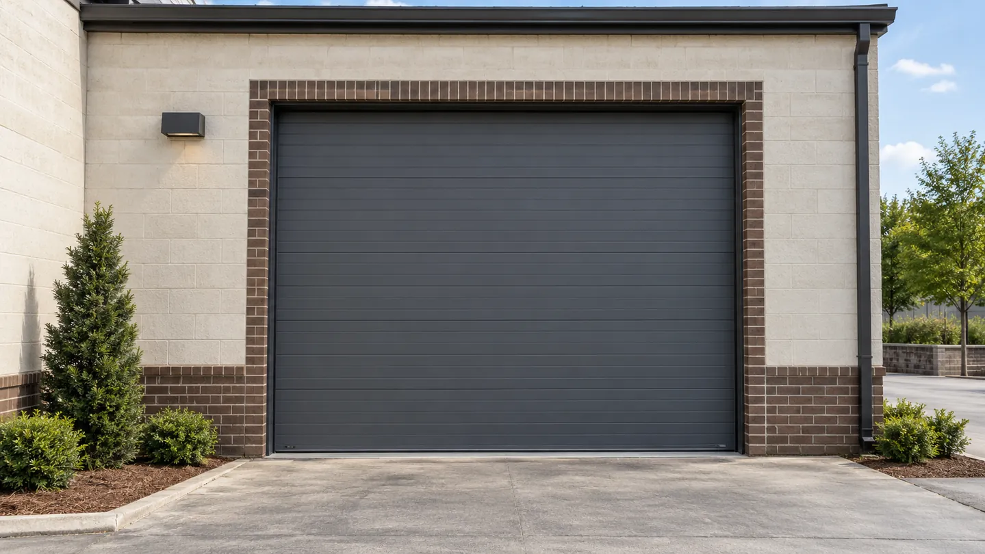 A single fully closed dark-gray commercial overhead door on a modest cream masonry business building with brown brick trim, tidy paved service courtyard, subtle exterior light fixture