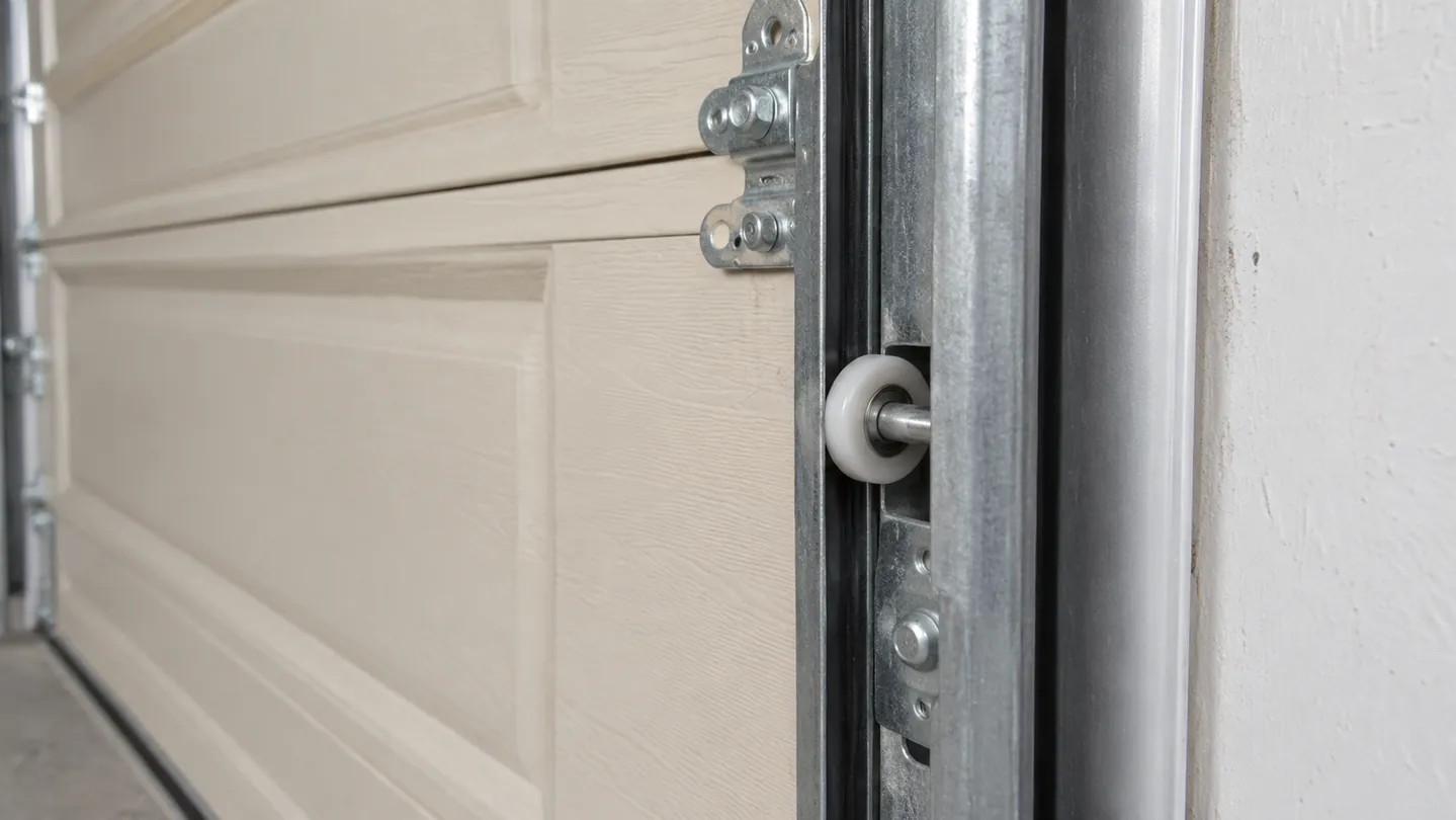 A vertical galvanized garage-door track and intact nylon roller on a fully closed beige sectional garage door