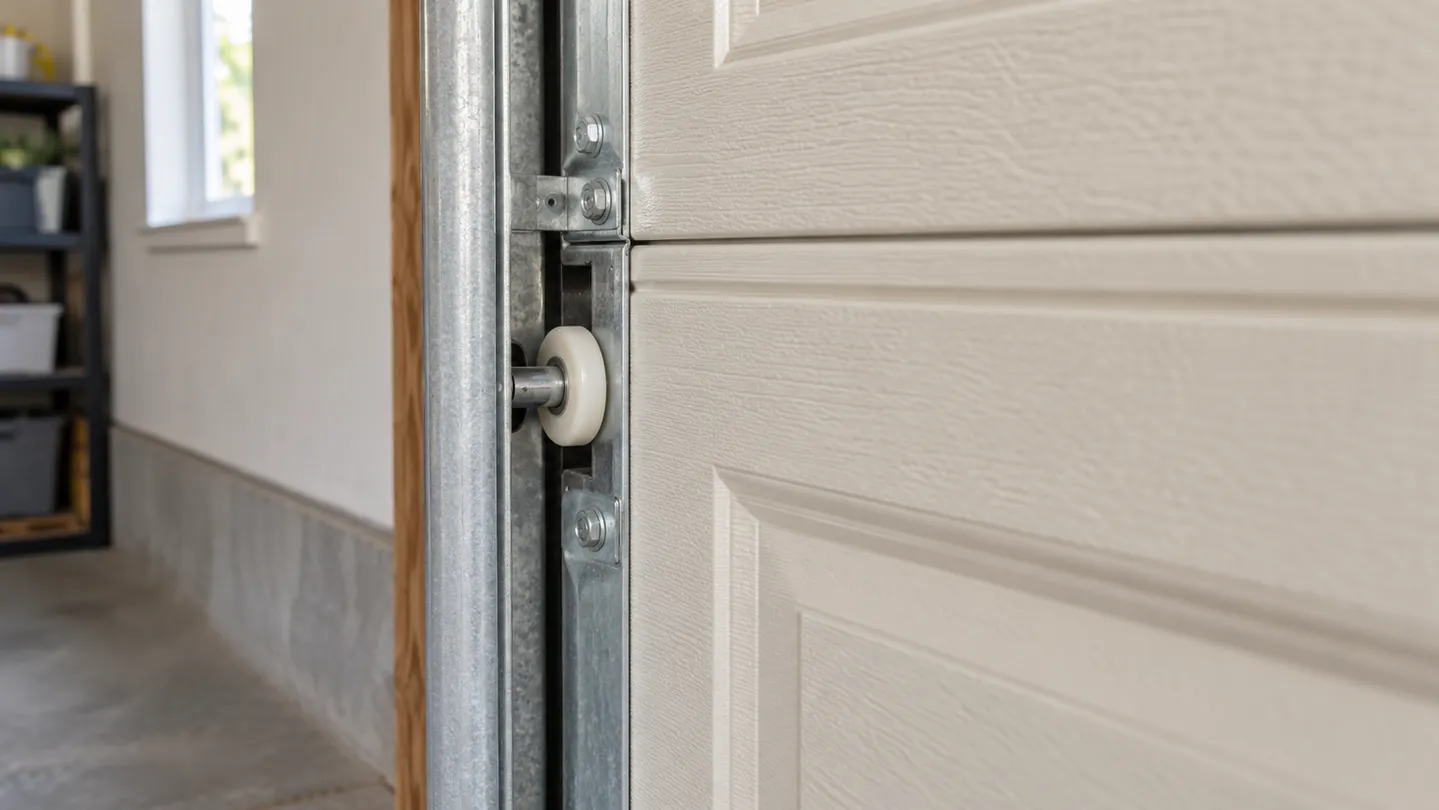 A vertical galvanized garage-door track and intact nylon roller on a fully closed beige sectional garage door