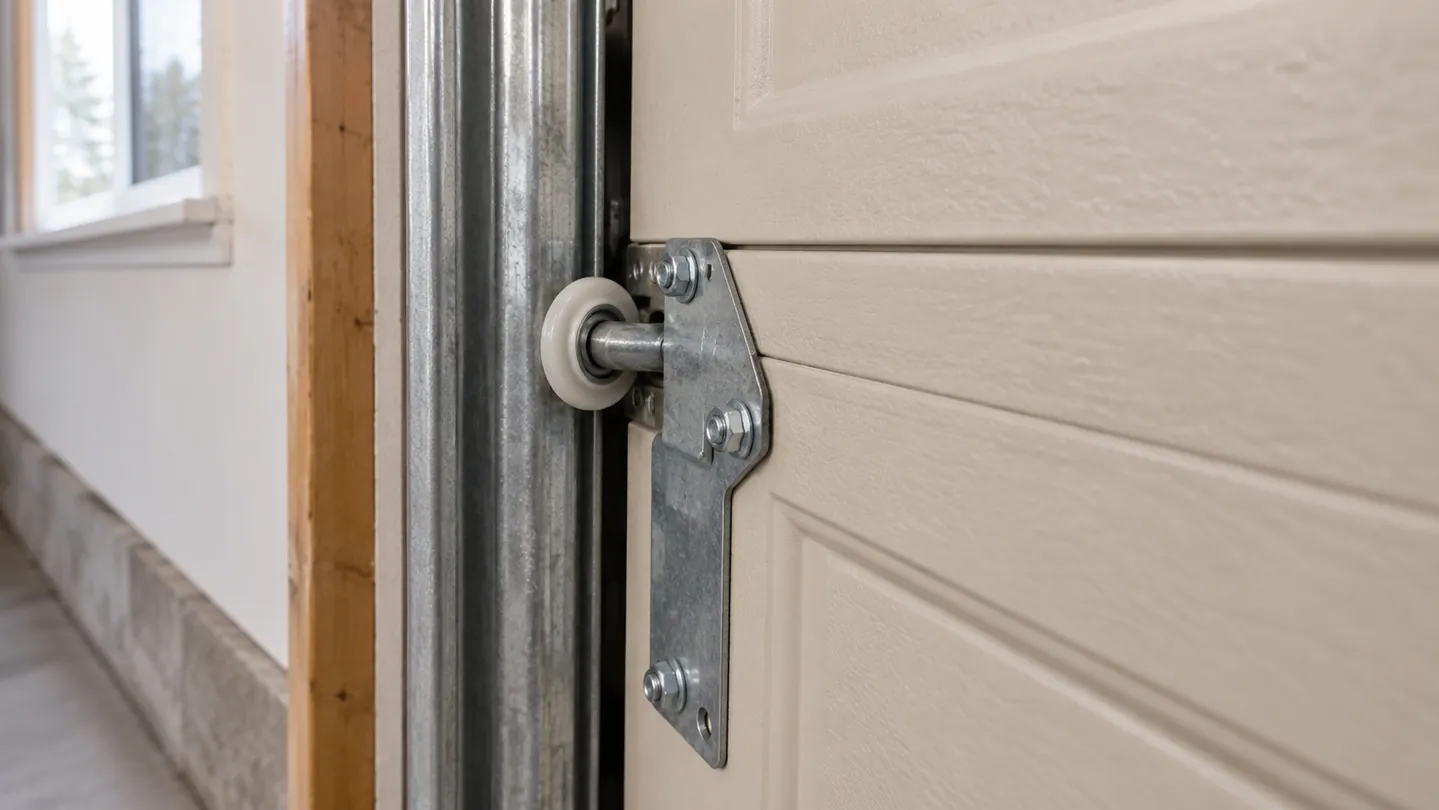A vertical galvanized garage-door track and intact nylon roller on a fully closed beige sectional garage door