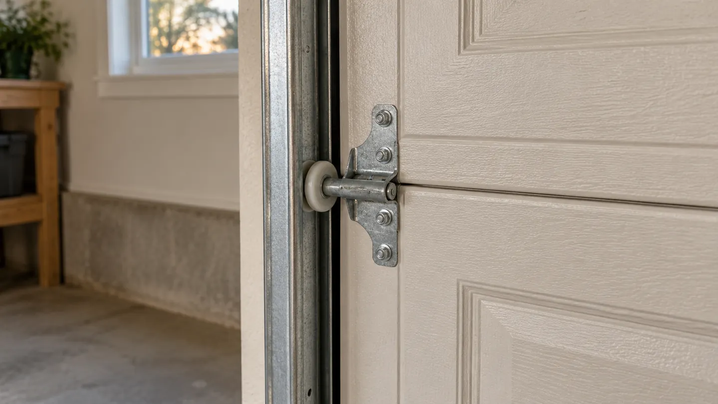 A vertical galvanized garage-door track and intact nylon roller on a fully closed beige sectional garage door