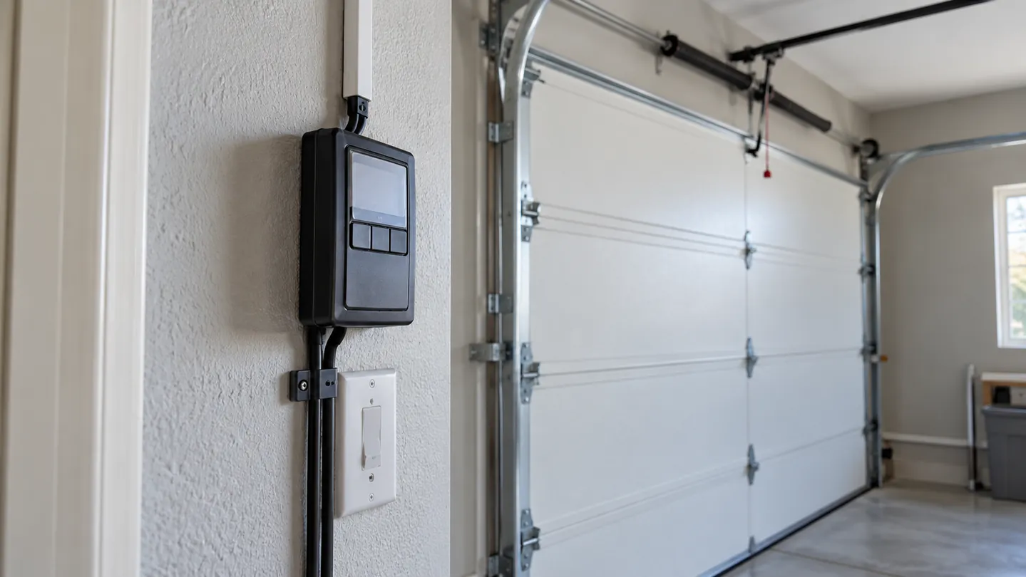 Wall-mounted garage-door control and tidy wiring on a neutral painted wall, a fully closed garage door softly visible beyond