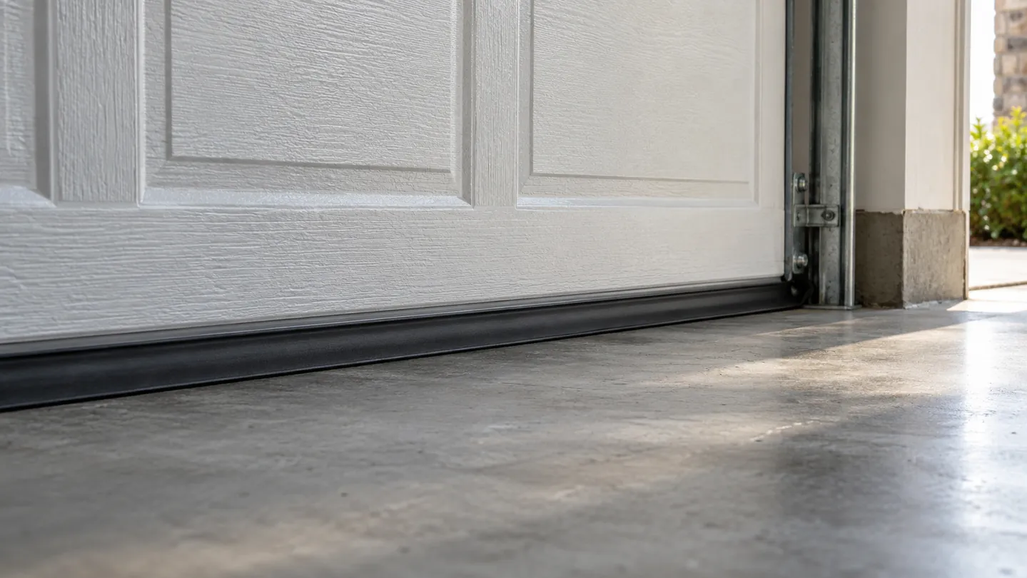 A weather seal along the bottom of a fully closed garage door meeting a clean concrete floor