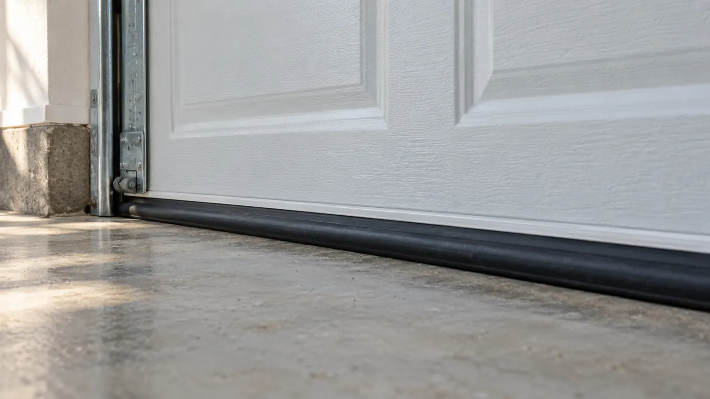 A weather seal along the bottom of a fully closed garage door meeting a clean concrete floor