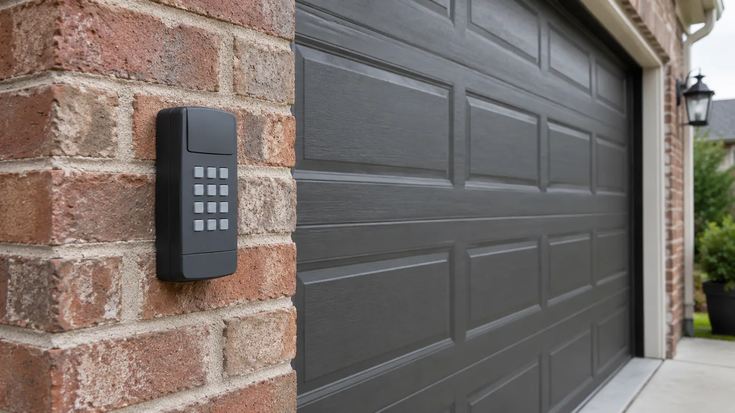 An exterior keypad mounted beside a fully closed charcoal garage door on a brick jamb