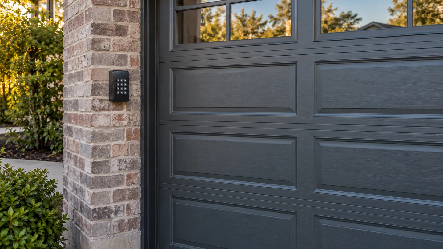 An exterior keypad mounted beside a fully closed charcoal garage door on a brick jamb
