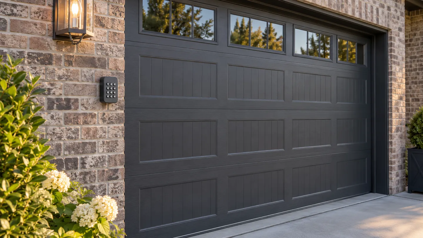 An exterior keypad mounted beside a fully closed charcoal garage door on a brick jamb