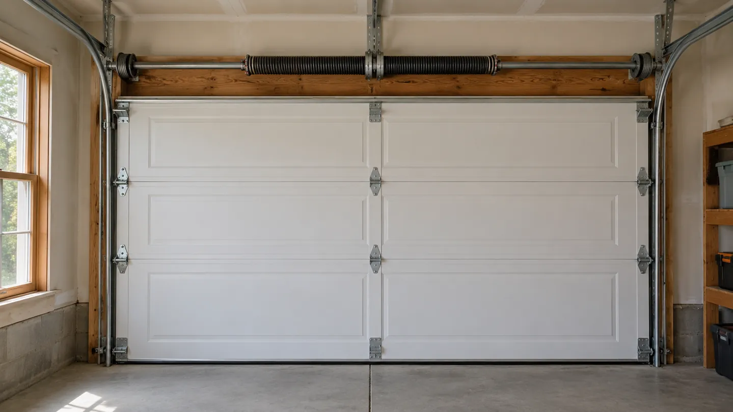 Torsion spring and shaft centered above the header of a fully closed white sectional garage door
