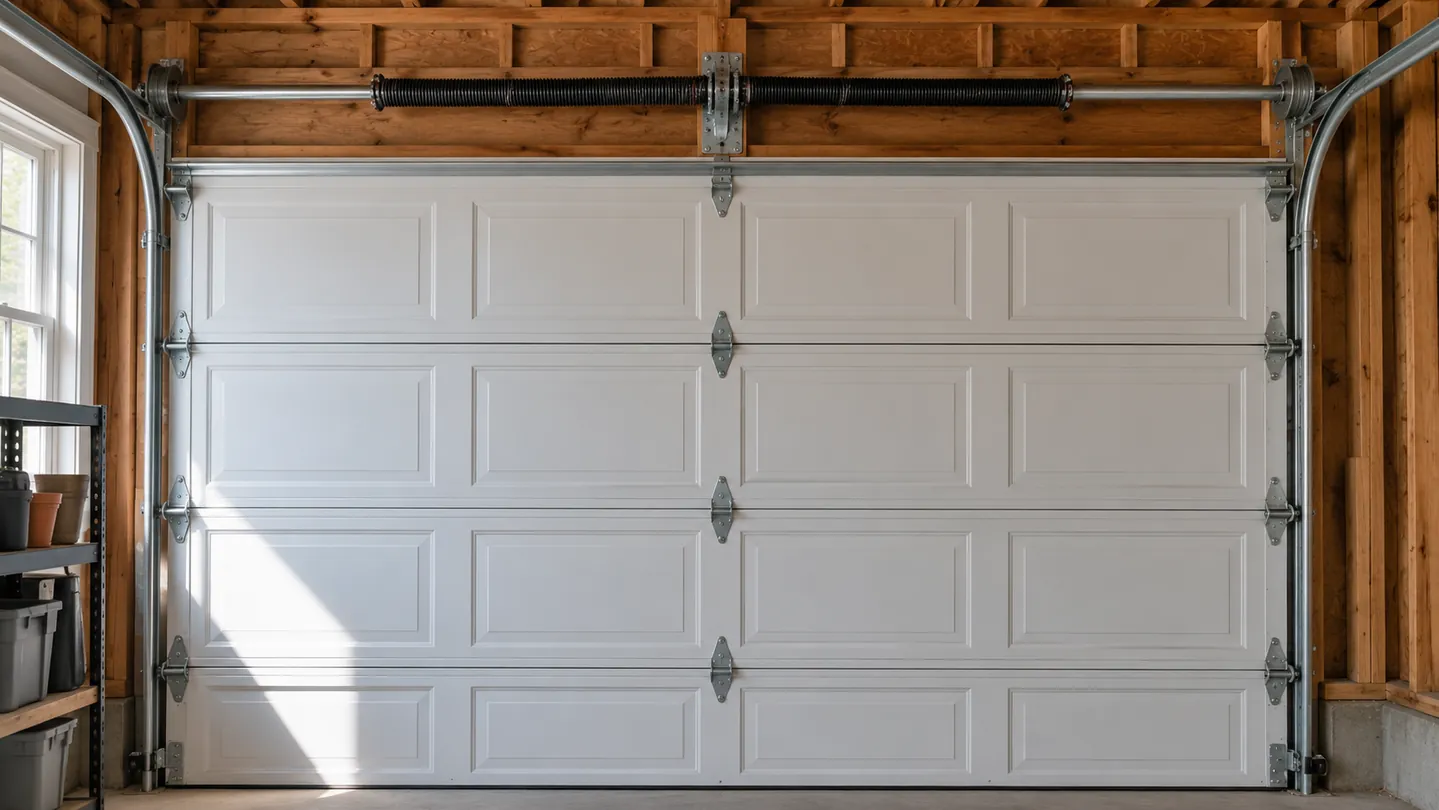 Torsion spring and shaft centered above the header of a fully closed white sectional garage door