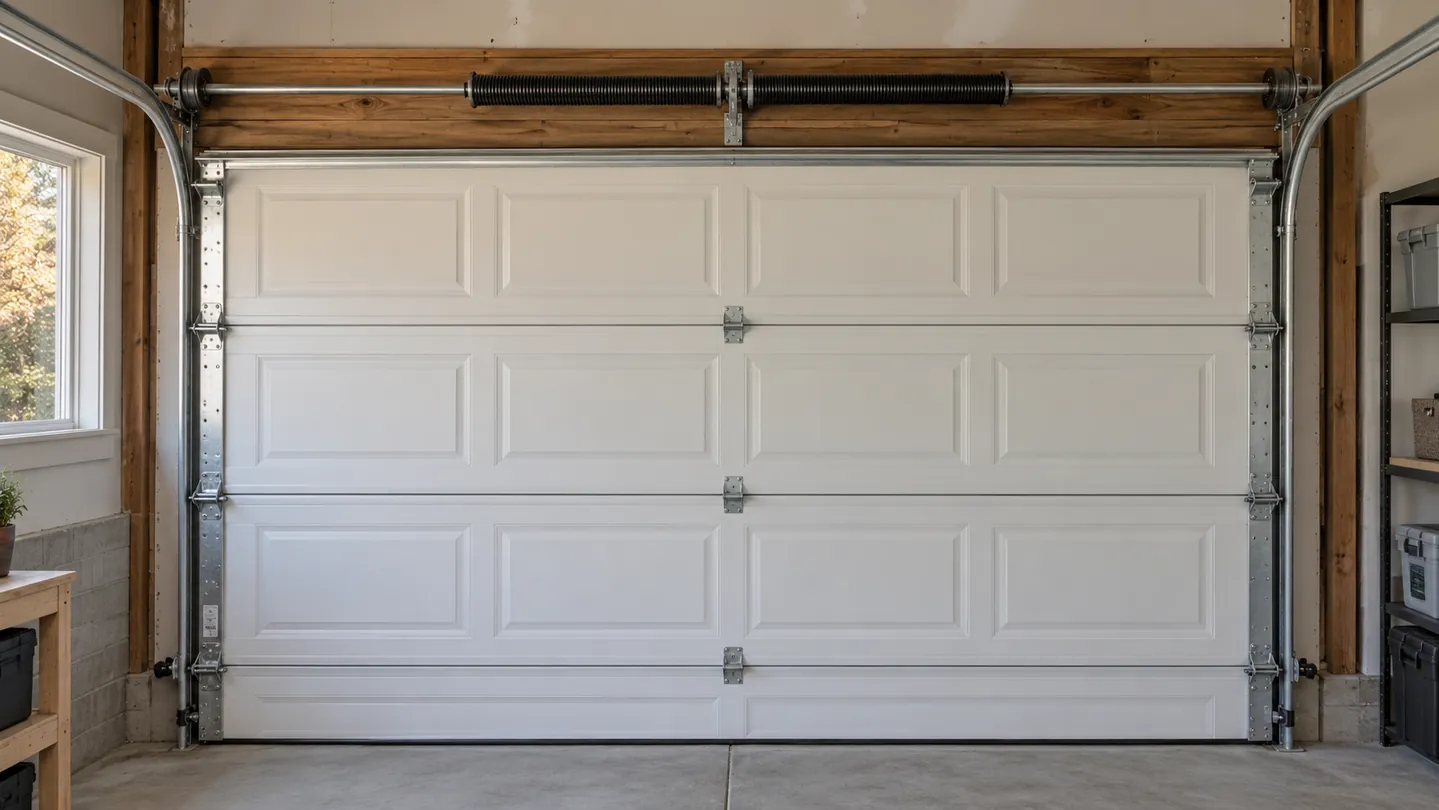 Torsion spring and shaft centered above the header of a fully closed white sectional garage door